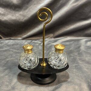 Vintage Mid-Century Glass Salt & Pepper Shakers with Metal Tops & Caddy